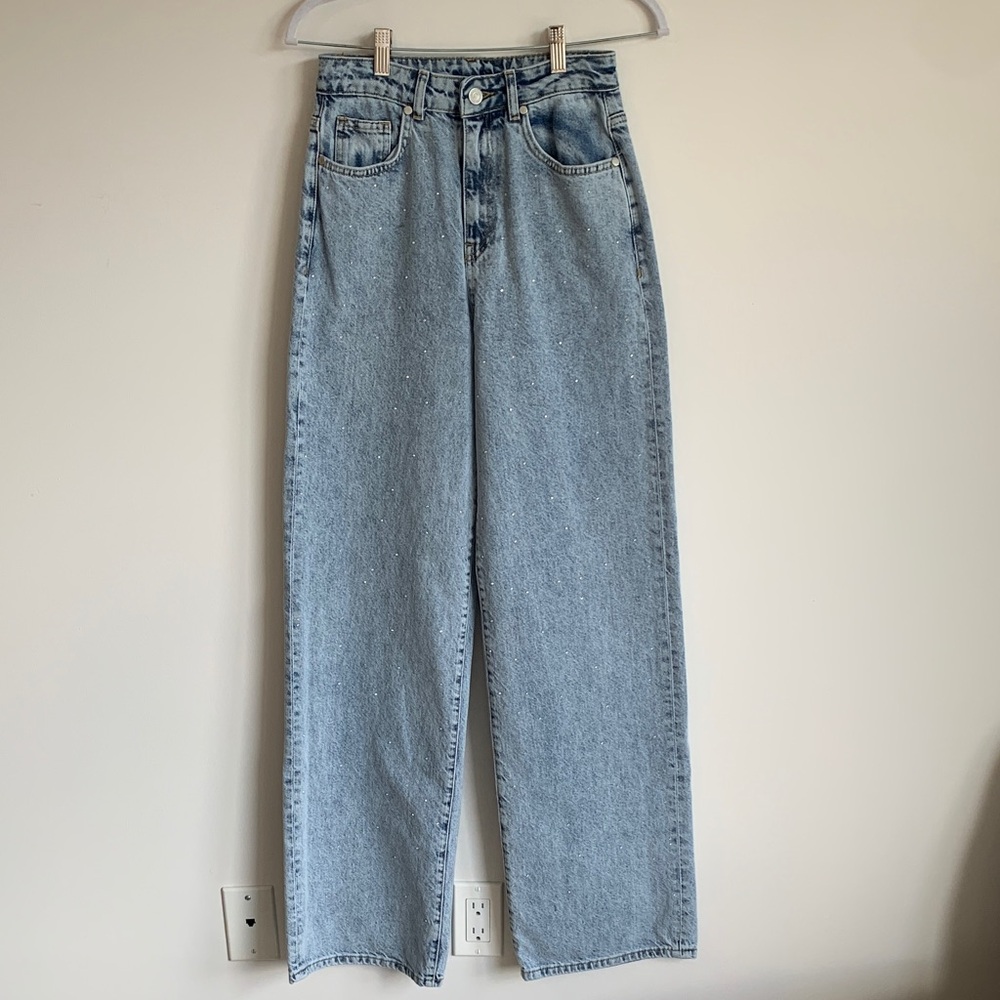 Boohoo Light Blue Wide Leg Jeans with Rhinestones on Front